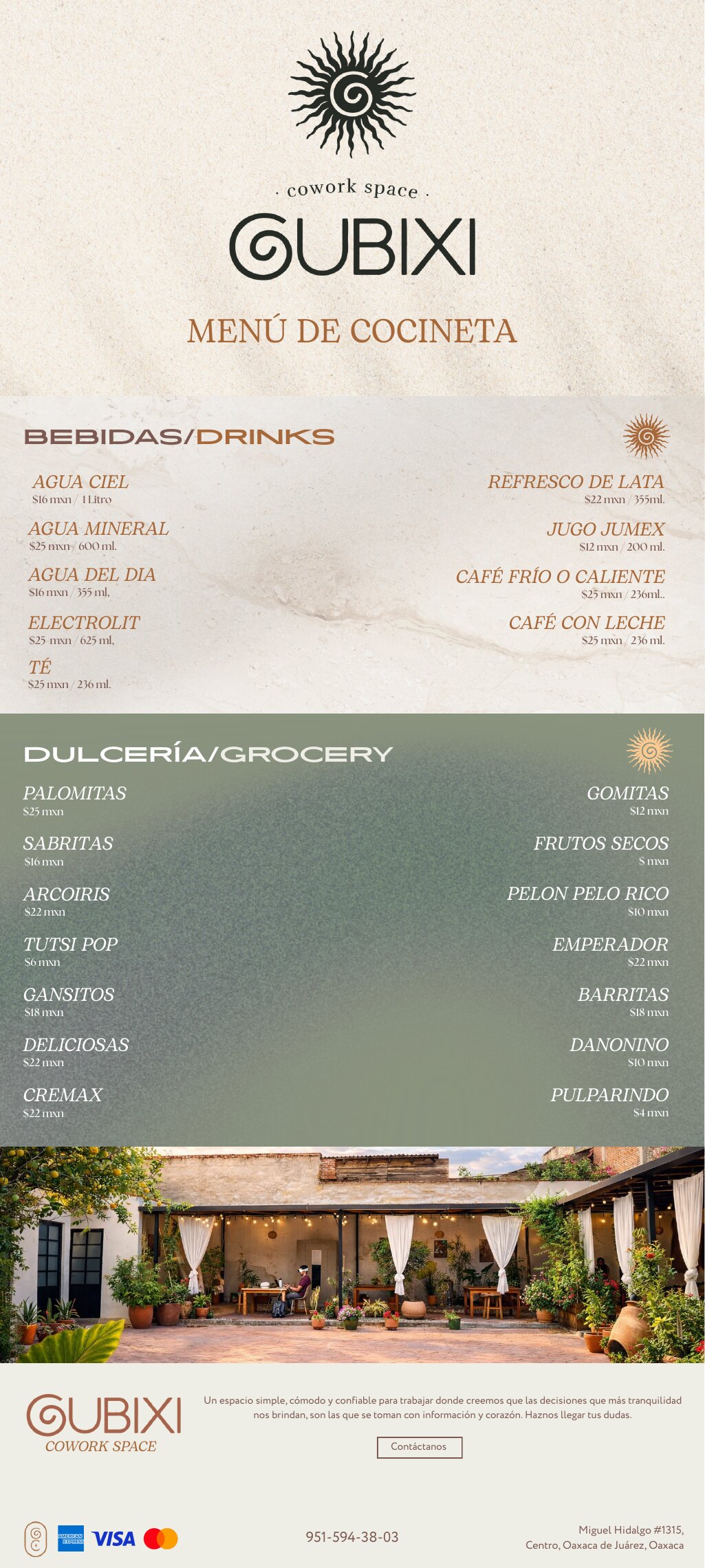 Menu de cocineta de Gubixi con bebidas, cafe, dulceria y snacks.