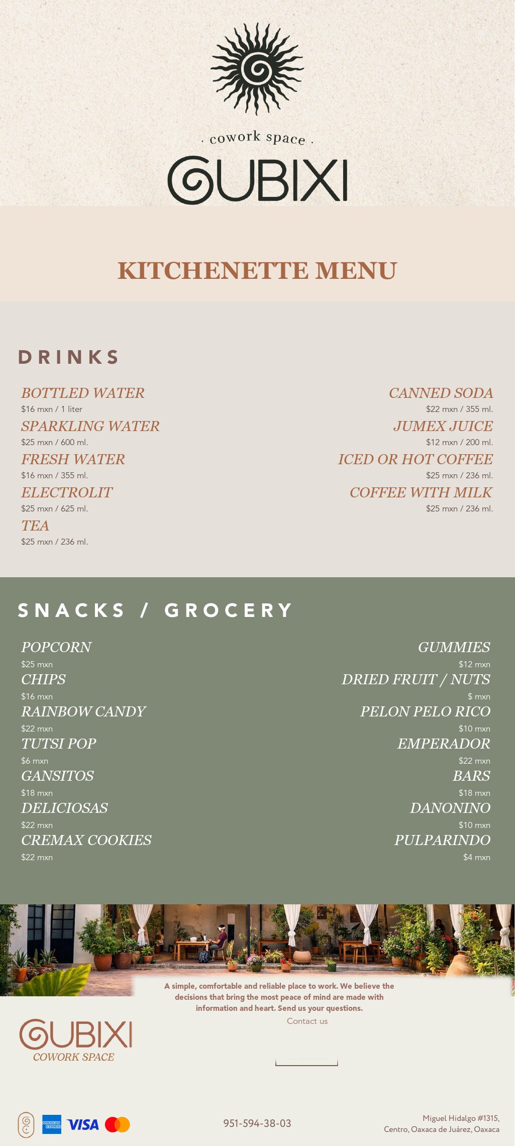 Gubixi kitchenette menu with drinks, coffee, candy and snacks.